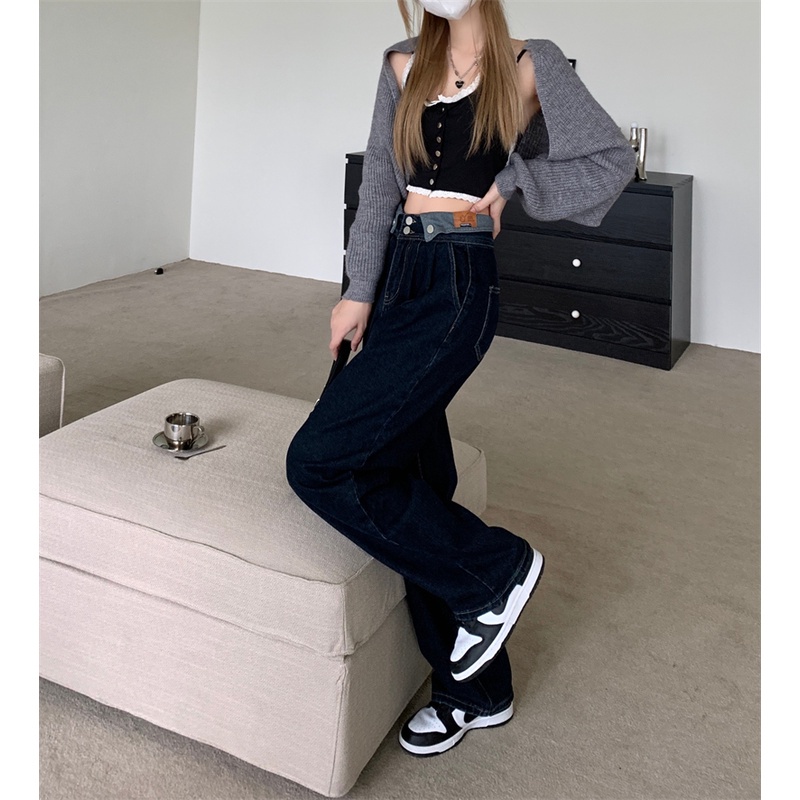QKOOLE  Quần jean ống đứng lưng cao phong cách retro Hàn Quốc cho nữ
