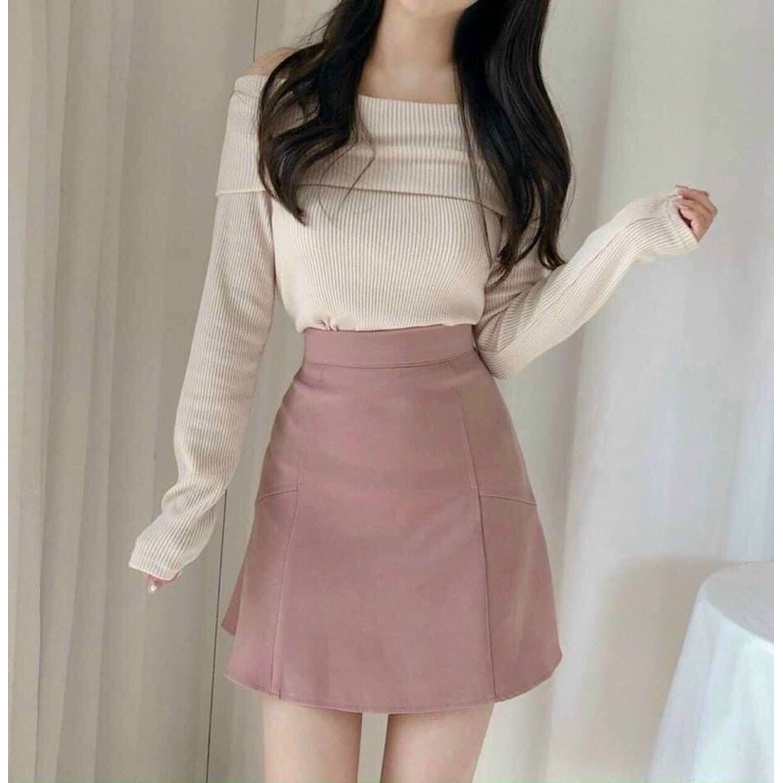 áo bẹt vai thun gân tay dài thời trang