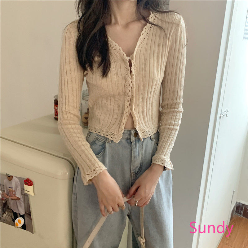 Áo Lửng Dệt Kim Tay Dài Phối Ren Thời Trang Mùa Thu Dành Cho Bạn Nữ