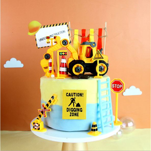 Phụ kiện trang trí bánh sinh nhật bánh kem - Set 6 máy xúc, set biển báo 10 chi tiết, xe công nhân lái máy xúc