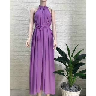 Đầm maxi suông cổ yếm cột eo hình thật