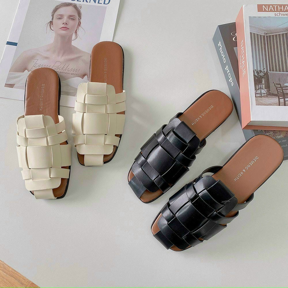 Dép sục nữ thời trang dáng đan rọ mũi vuông đế bằng bệt hot trend kiểu mới xinh đẹp da mềm công