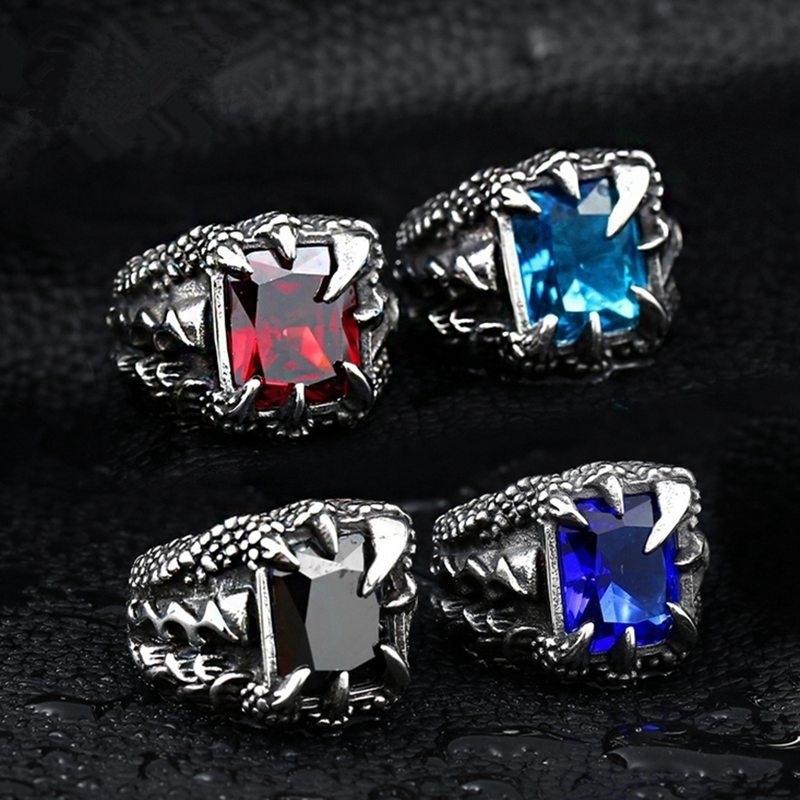 Vintage Gothic Nam Rồng Móng Vuốt Ruby Nhẫn Trang Sức