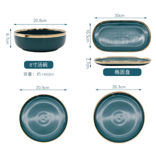 Bộ bát đĩa cao cấp xanh cổ vịt,chén dĩa decor đẹp 26 món viền vàng các màu phong cách Bắc Âu