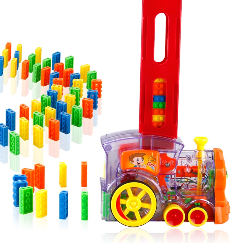 Đồ chơi tàu hỏa xe lửa thả domino xếp tự động 80 thanh phát nhạc chạy pin AA chất liệu nhựa nguyên sinh an toàn cho bé