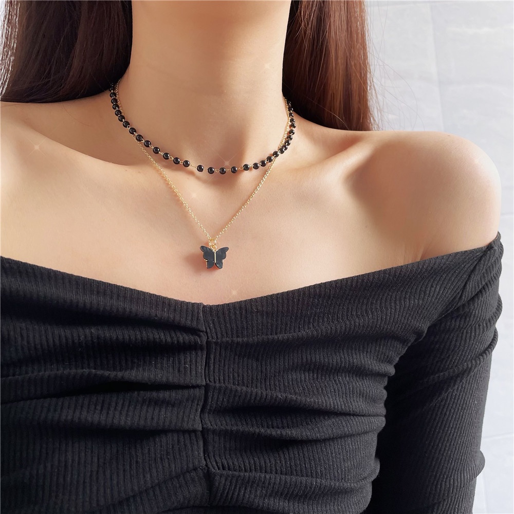 Vòng cổ Hai Lớp Mặt Hình Bướm Màu Đen Phong Cách Ins Đơn Giản Sang Trọng