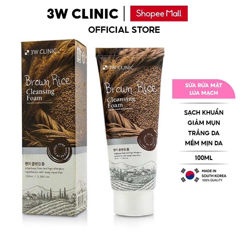 Sữa rửa mặt làm sạch sâu và sáng da chiết xuất từ lúa mạch 3W CLINIC BROWN RICE CLEANSING FOAM Hàn Quốc 100ml