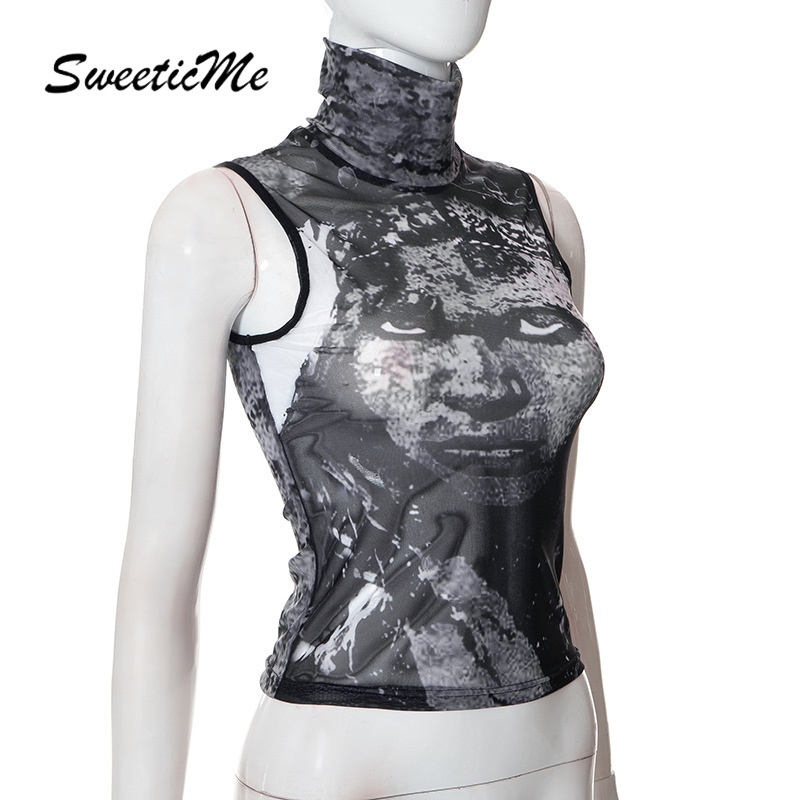 Áo Tank Top Vải Lưới Mỏng Cổ Rùa Thời Trang Nữ Quyến Rũ