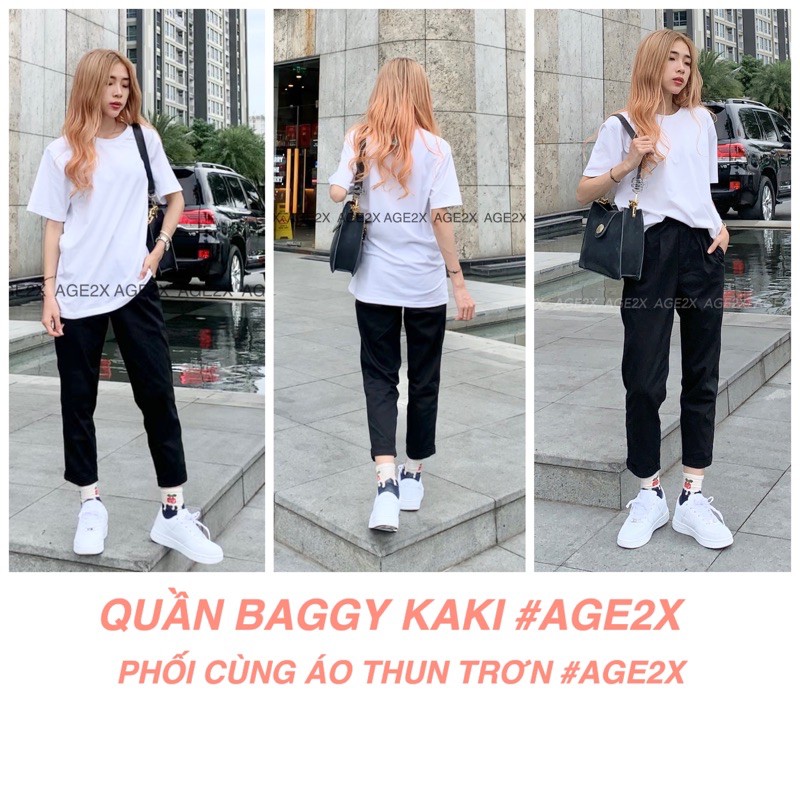 Quần Baggy nữ Kaki AGE2X hàng vnxk chất kaki cotton wash mềm xịn, co giãn, cử động thoải mái, có dây rút và lưng thun