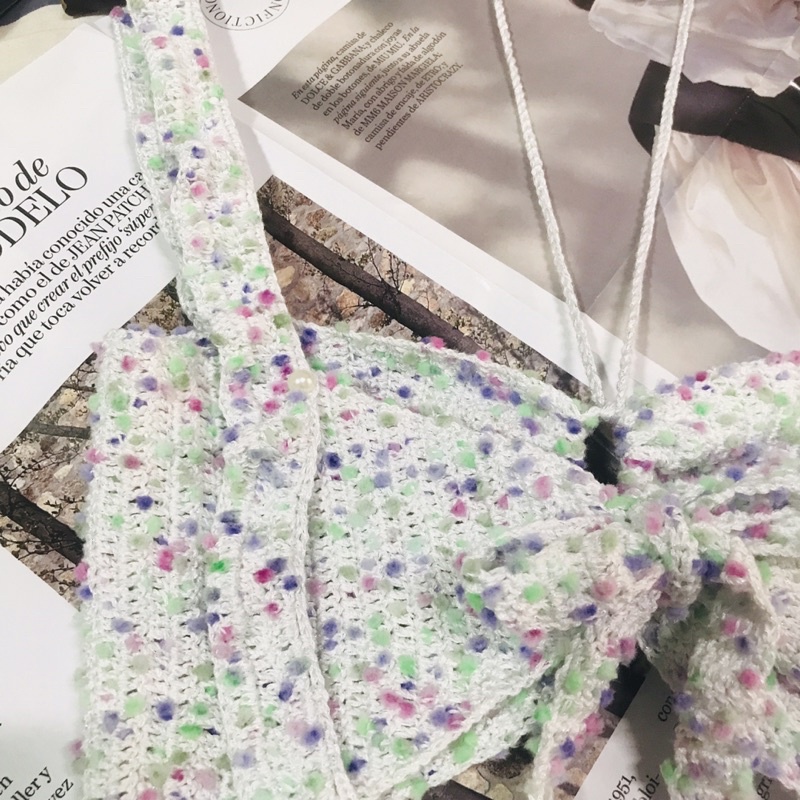 Bikini thủ công, handmade với sợi cotton mùa hè và poom nhiều sắc màu