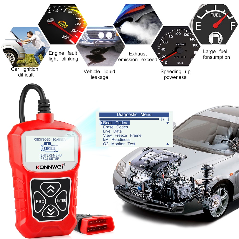 Konnwei kw310 obd2 Máy Quét Xe Hơi Khuếch Đại Ngôn Ngữ Nước Nga obd 2 Cho Ô Tô Ov2 Tốt Hơn elm327