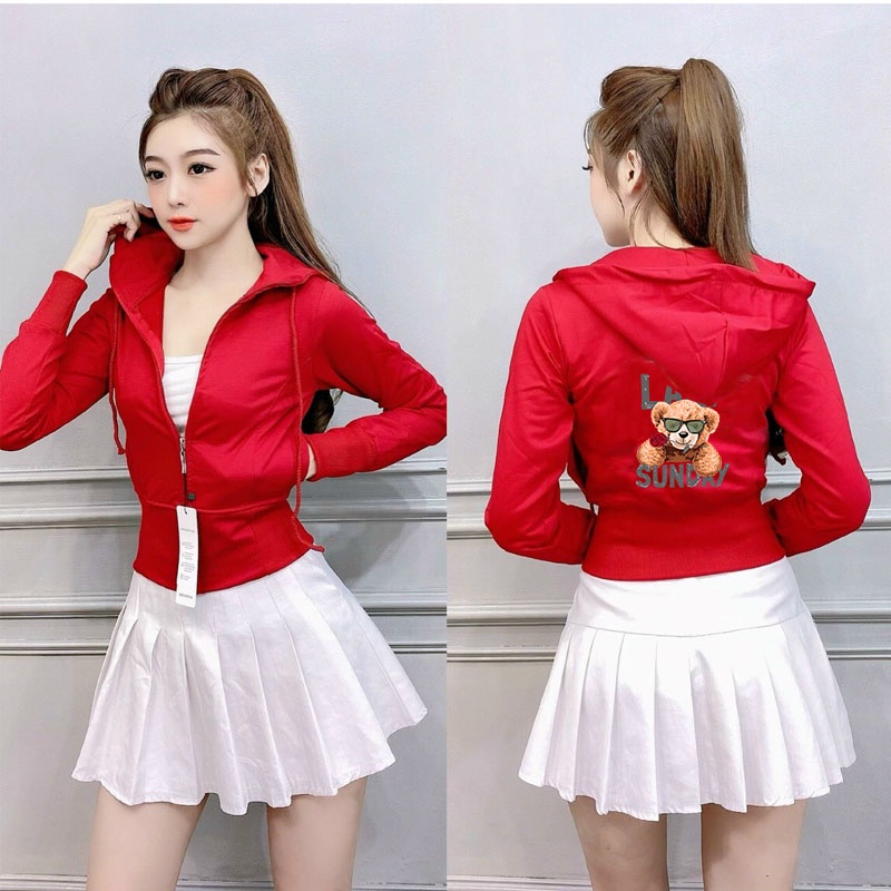 áo khoác thun croptop hình in freesize 54kg tay dài có nón