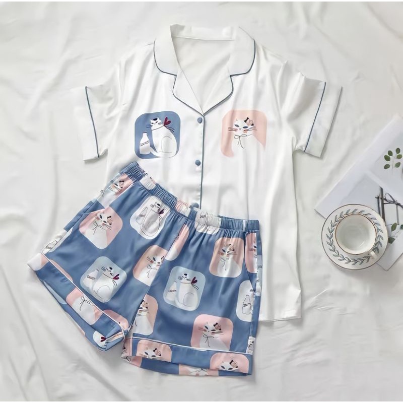 LỤA XƯỚC Sét bộ lụa ngủ mèo kute tay cộc quần cộc lụa satin mềm mướt