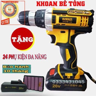 Máy khoan cầm tay dewalt 26v có búa 3 chắc năng lõi đồng , tặng kèm 24 phụ kiện, ,máy bắn vít