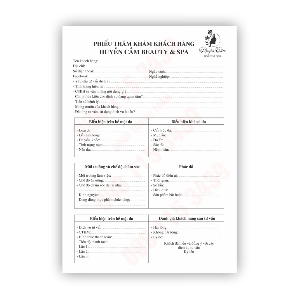 150 tờ phiếu thăm khám khách hàng cho spa
