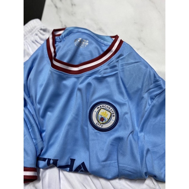 Set Bộ quần áo bóng đá thể thao nam nữ vải thun thái clb manchester city áo xanh quần trắng 2022 2023