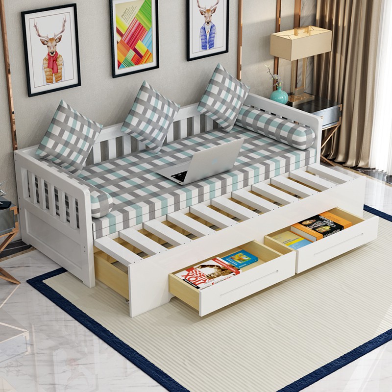 Sofa giường gỗ thông có ngăn kéo 120x200 sơn trắng tặng gối đệm , sofa giường đa năng