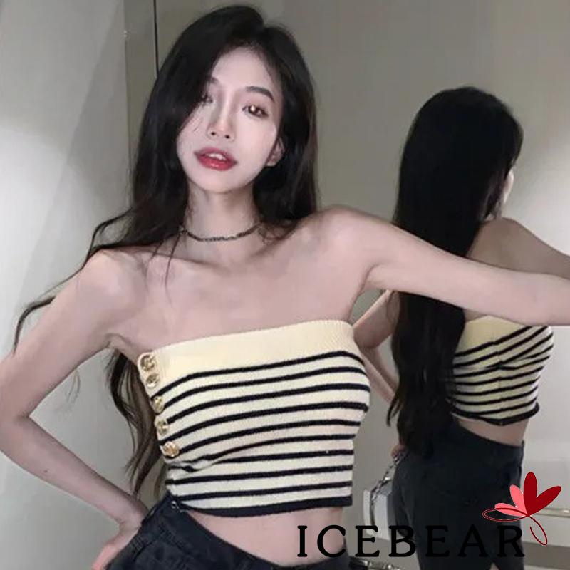 ICE-Women Bandeau Tops Striped Slim Fit Sleeveless Crop Tops Streetwear Party Club Wear