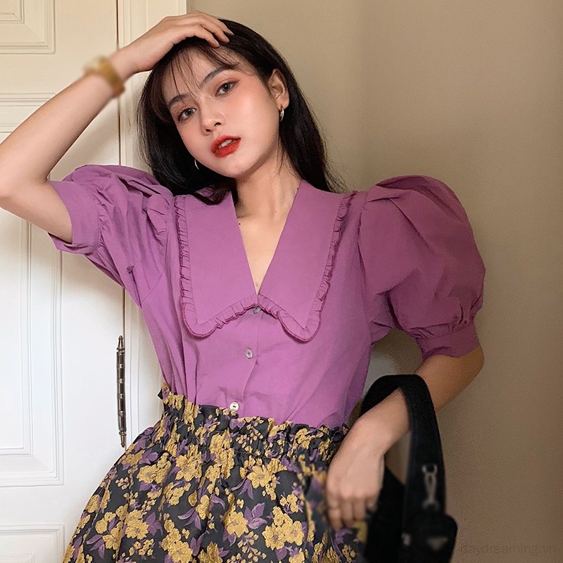 Áo Sơ Mi Tay Ngắn Cổ Búp Bê Đính Nút Thời Trang Cho Nữ