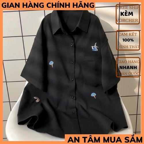 Áo sơ mi cộc tay thêu hình ngộ nghĩnh nữ 🍀áo sơ mi nữ UNISEX ,chất thô mềm chuẩn form  phong cách hàn quốc THỜITRANG1989