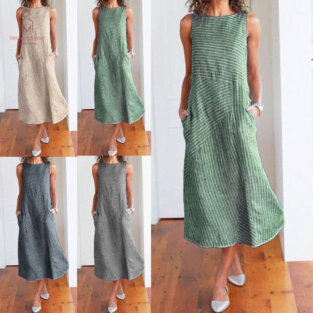 Đầm Maxi Sát Nách Chất Cotton Hoạ Tiết Kẻ Sọc Cho Phái Nữ | BigBuy360 - bigbuy360.vn