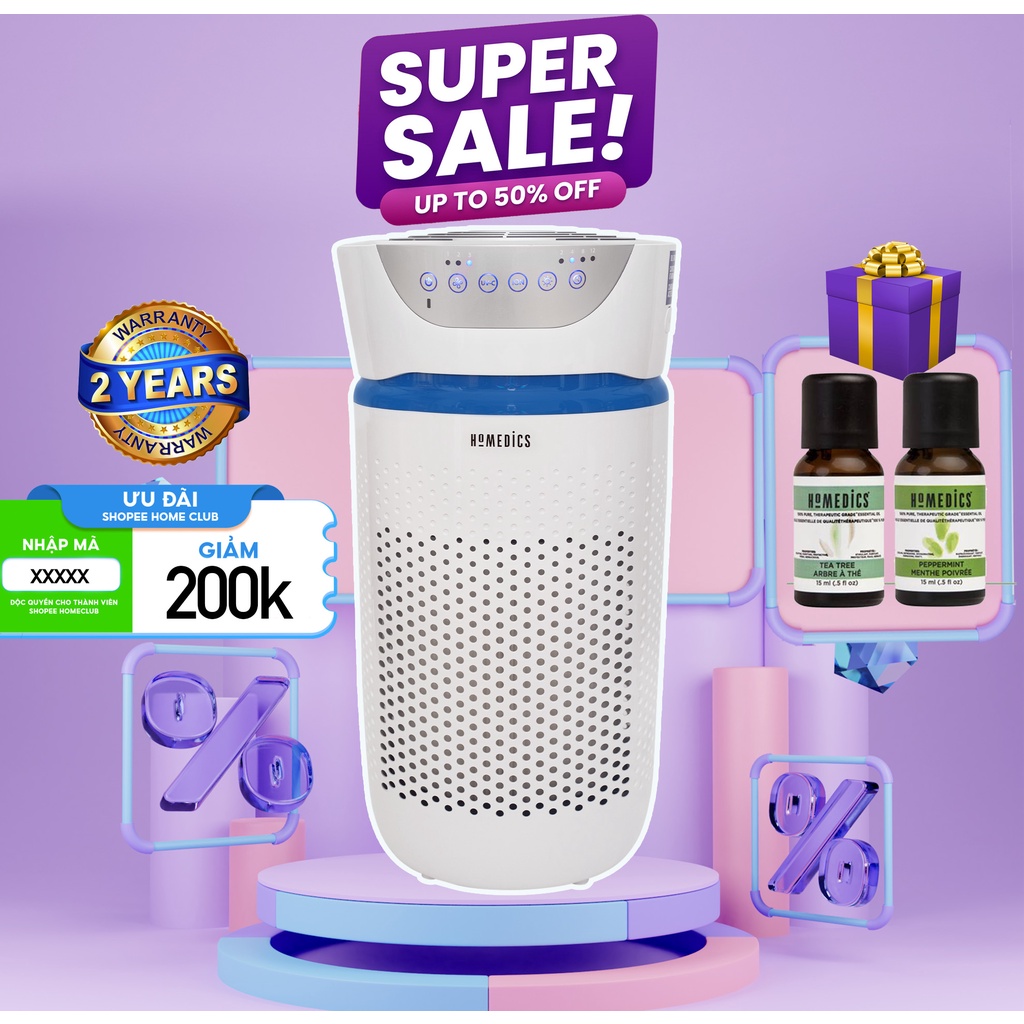 Máy Lọc Không Khí HoMedics AP-T20 Kết Hợp Tia UV-C Tiêu Diệt Tối Đa Vi Khuẩn, Virus Gây Bệnh