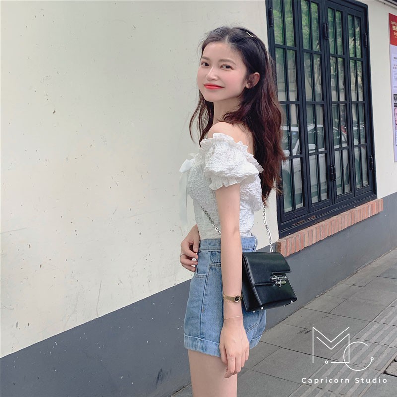 Áo trễ vai bèo nhún có nơ dễ thương phong cách Ulzzang Hàn Quốc [MinC.Studio - MCAT010]