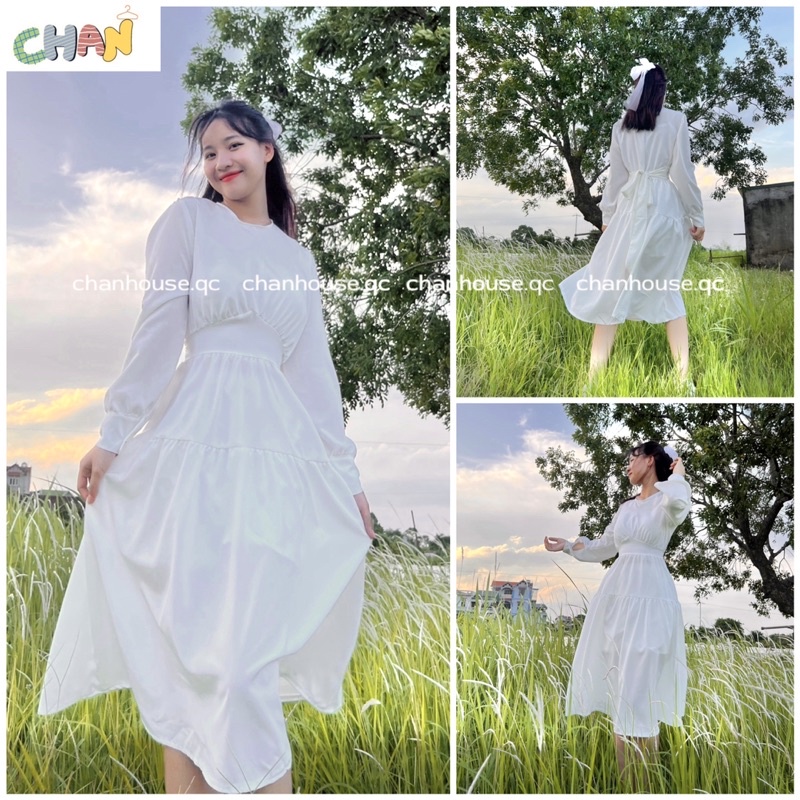 Váy Trắng Dài Tay Cổ Tròn Buộc Eo Dáng Dài, Đầm Tiểu Thư Màu Trắng Sống Ảo
