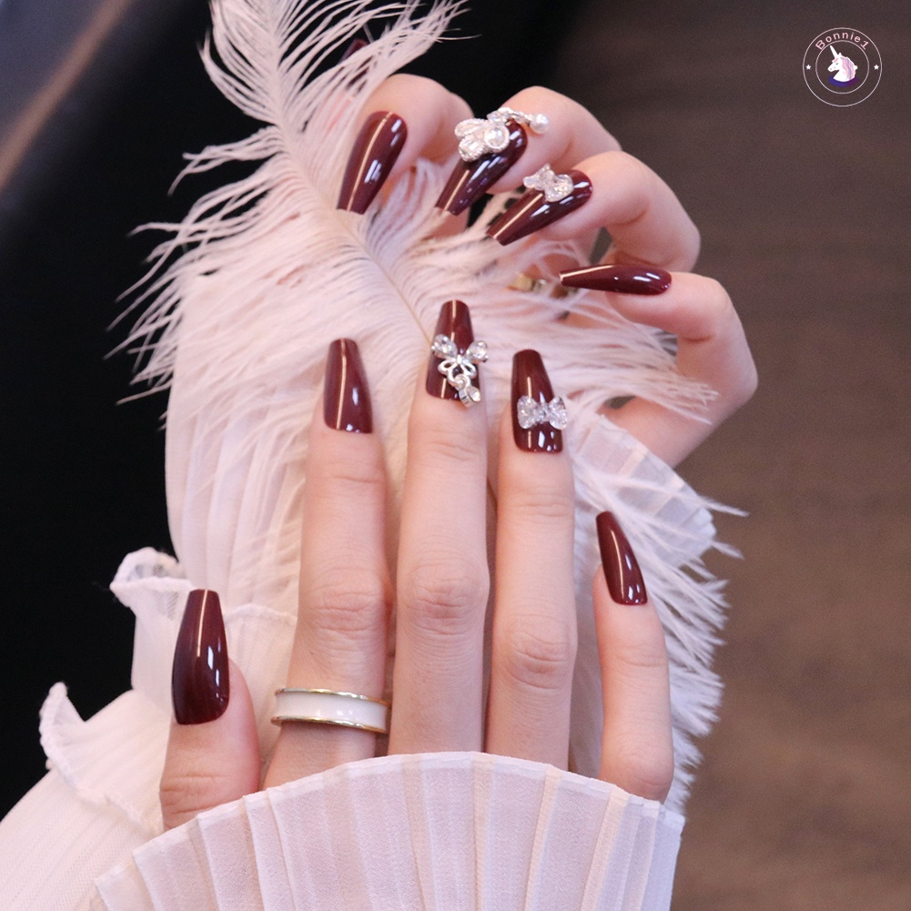 Bộ Móng Tay Giả 3D Kiểu Pháp Dáng Dài Màu Rượu Vang Đỏ Rượu Vang Có Thể Tháo Rời Tiện Dụng Cho Salon DIY