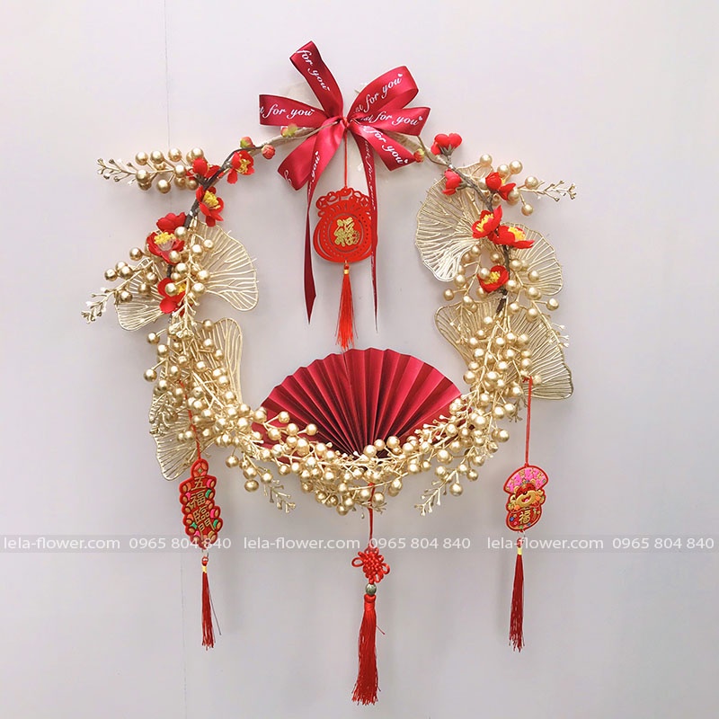 Vòng hoa đào đông vàng đã kết sẵn, vòng nguyệt quế treo tường, vòng treo cửa Tết 2022 size 43cm (VNQ0006) Lela Flower