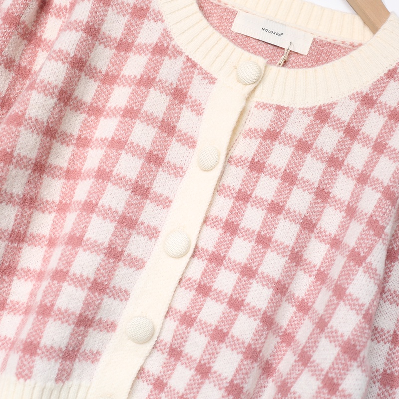 NUZIRO  Áo cardigan dáng ngắn tay dài cổ tròn họa tiết kẻ sọc caro phong cách Hàn Quốc