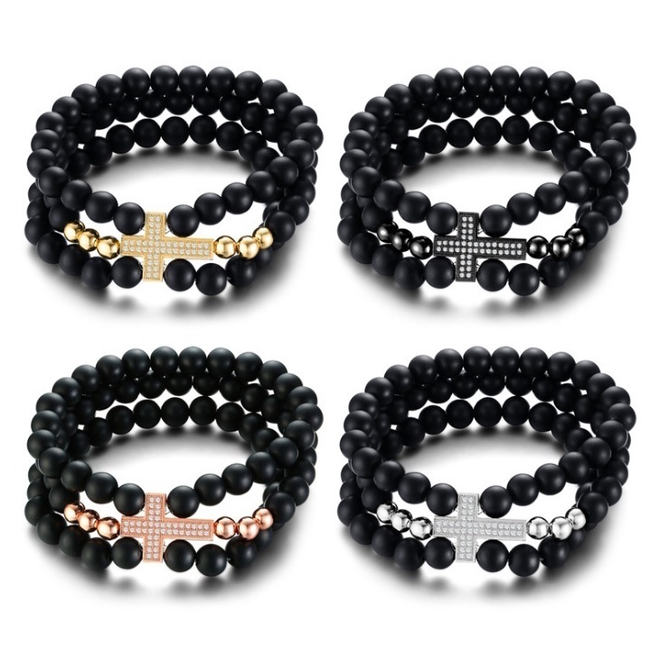 Vòng Tay Hạt Đá Đen 3 Lớp Phong Cách Cổ Điển Cho Nam