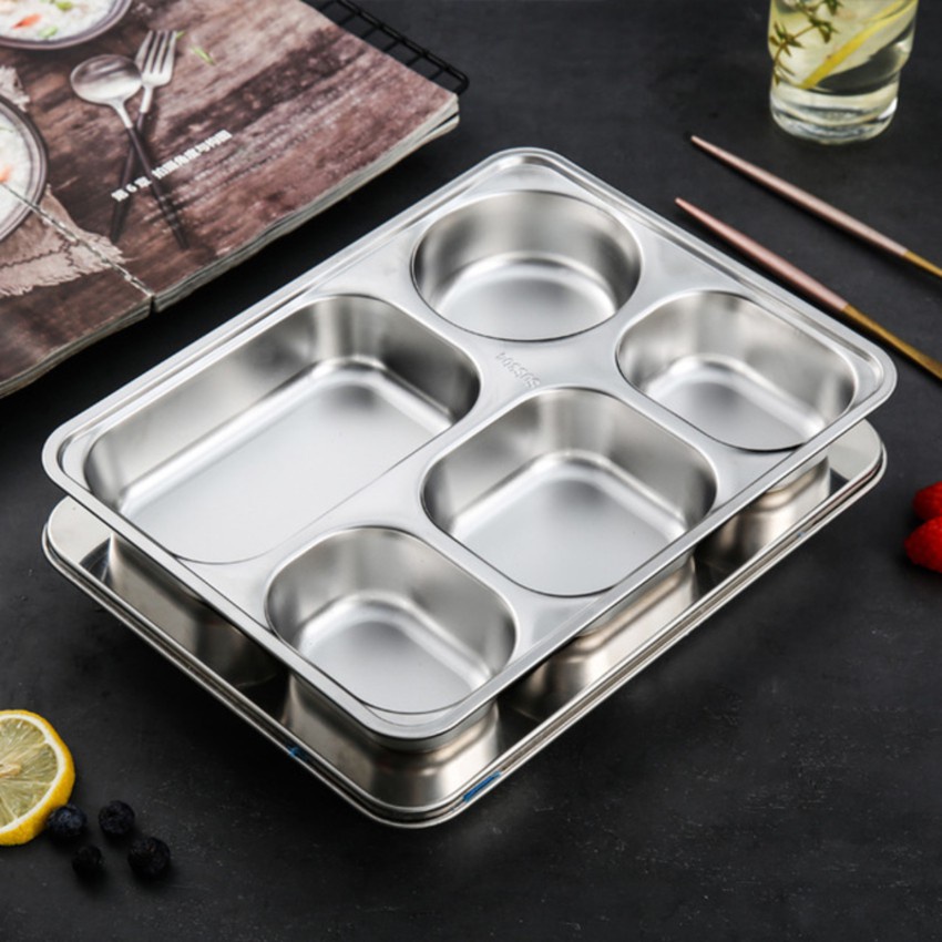 Khay cơm inox 5 ngăn cao cấp tặng muỗng inox, khay cơm phần dùng trong công ty xí nghiệp, trường học an toàn hợp vệ sinh