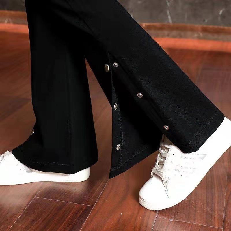 Jiashucheng Quần Tây Lưng Cao Co Giãn Ống Loe Xẻ Tà Màu Đen Thời Trang Thường Ngày Cho Nữ