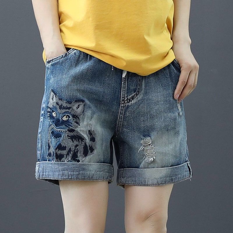 Quần short denim lưng cao co giãn thêu họa tiết thời trang phong cách mùa hè cho nữ
