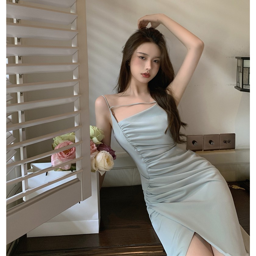 Đầm xẻ tà xanh Pastel gấp nếp D34