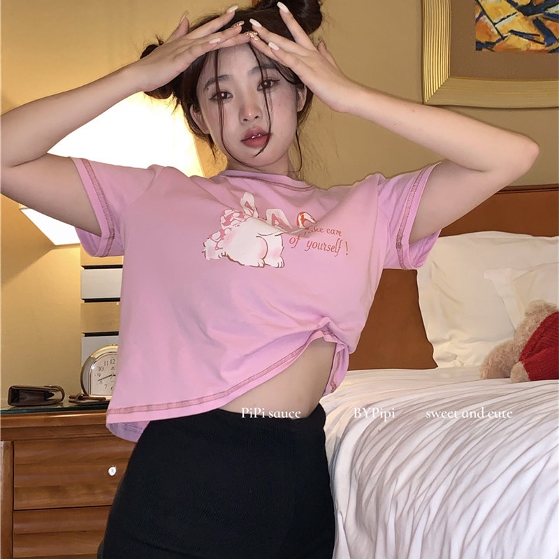 Áo Thun Crop Top Tay Ngắn Cổ Tròn Dễ Thương