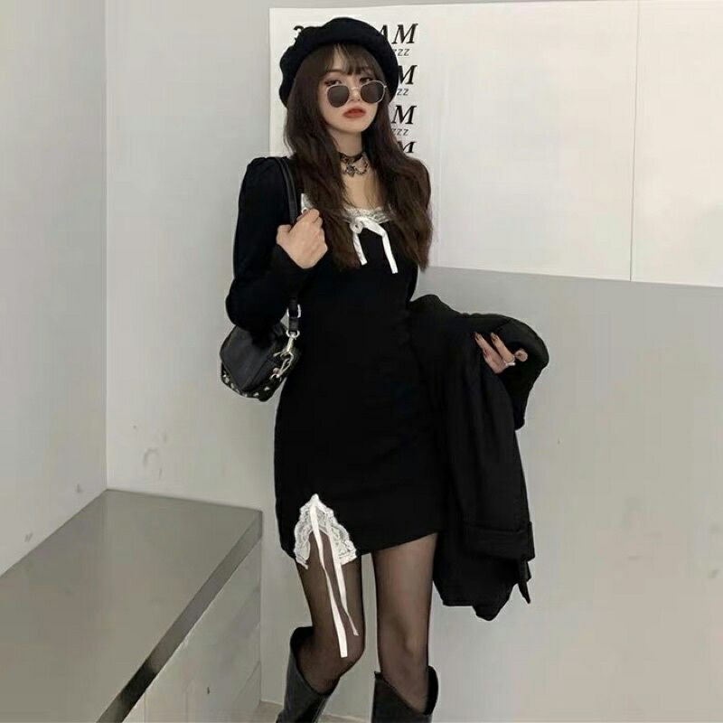 Váy body viền ren xẻ vạt dài tay Thu Đông