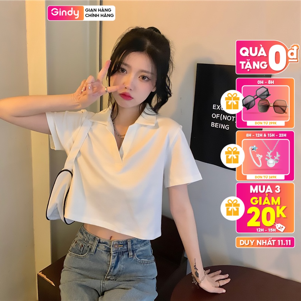 Áo phông nữ croptop GINDY cổ bẻ polo tay lỡ form rộng chất cotton thoáng mát A7001