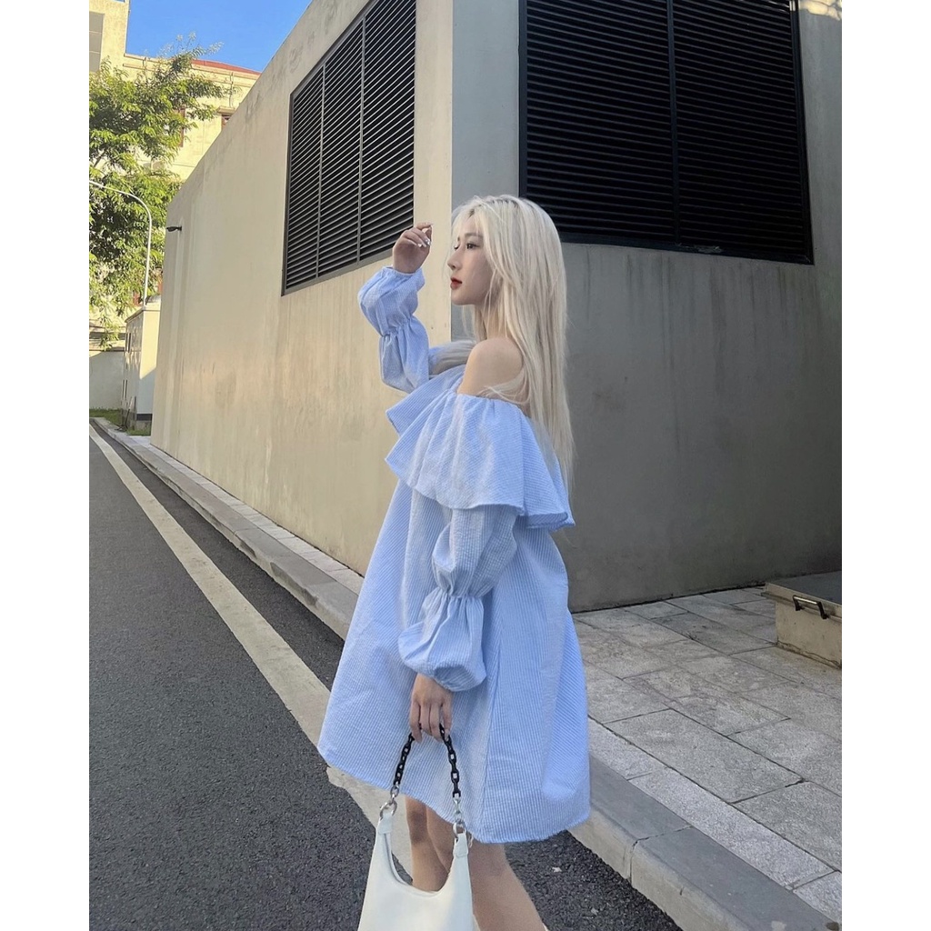 Váy trễ vai caro Daisy tay bồng Hàn Quốc, Đầm Caro xanh Daisy - Dorita Boutique