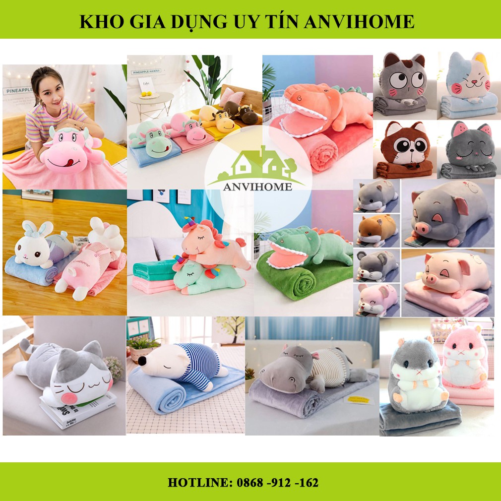 Bộ chăn gối văn phòng Gấu bông có mền hình thú ANVIHOME