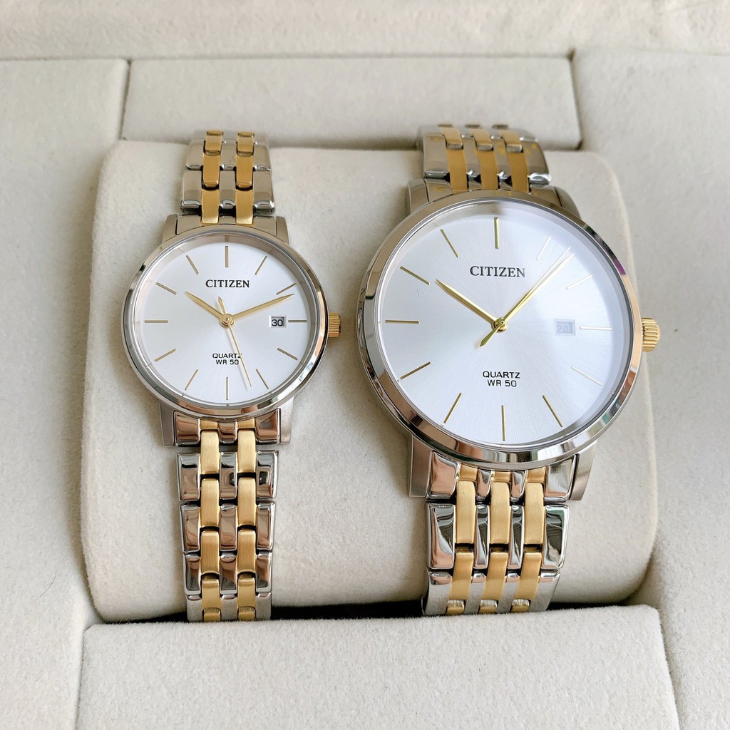 Đồng hồ đôi chính hãng Citizen BI5074-56A & EU6094-53A - Máy Quartz pin - Kính khoáng cường lực