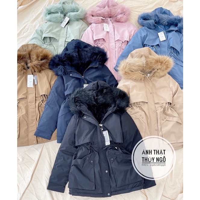 Áo Khoác Parka nữ lót lông mẫu mới 2021 dây rút eo túi ốp sành điệu Ulzzang Lông mũ tháo rời IMES SHOP 1476