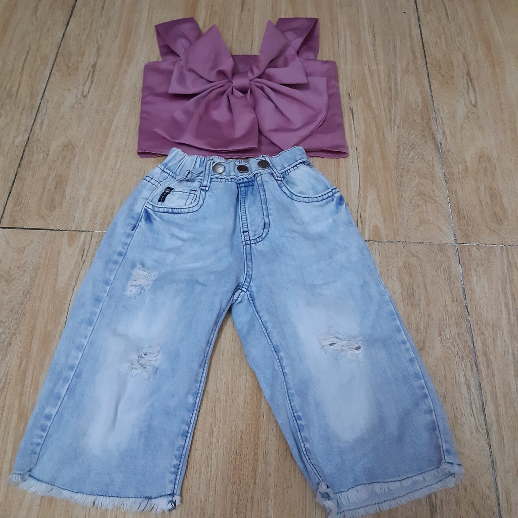 Set áo kiểu nơ tím kèm quần Jean thời trang form rộng 13-18kg