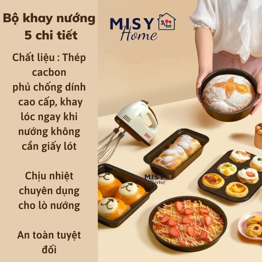 Bộ 5 khay nướng bánh chống dính Misy Home set 5 khuôn nướng làm bánh cupcake pizza bánh mì hoa cúc bông lan tiramitsu