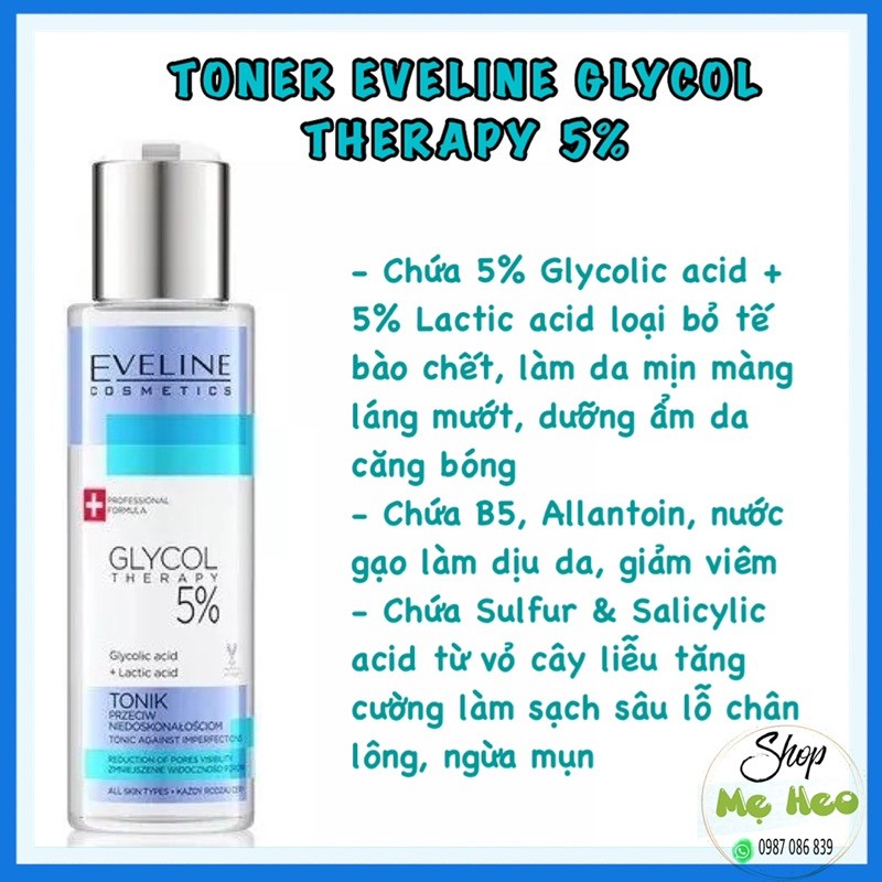 Toner cho da dầu mụn Eveline Glycol Therapy 5% với acid glycolic và acid lactic làm sạch sâu cho da 110ml