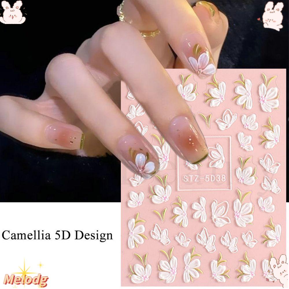 Miếng Dán Trang Trí Móng Tay In Họa Tiết Hoa Trà Màu Trắng Sang Trọng