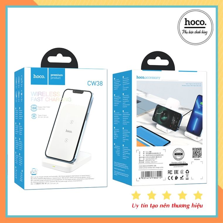 Đế sạc Không dây Hoco CW38 Hỗ Trợ Sạc Nhanh 15W Dạng đứng sang trọng - Bảo Hành Chính Hãng