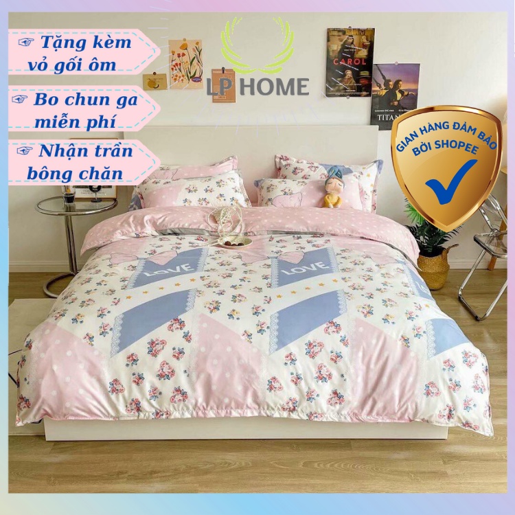Bộ chăn ga gối Poly Cotton Hoa hồng love lãng mạn (Tặng vỏ gối ôm) - Miễn phí bo chun mọi kích thước