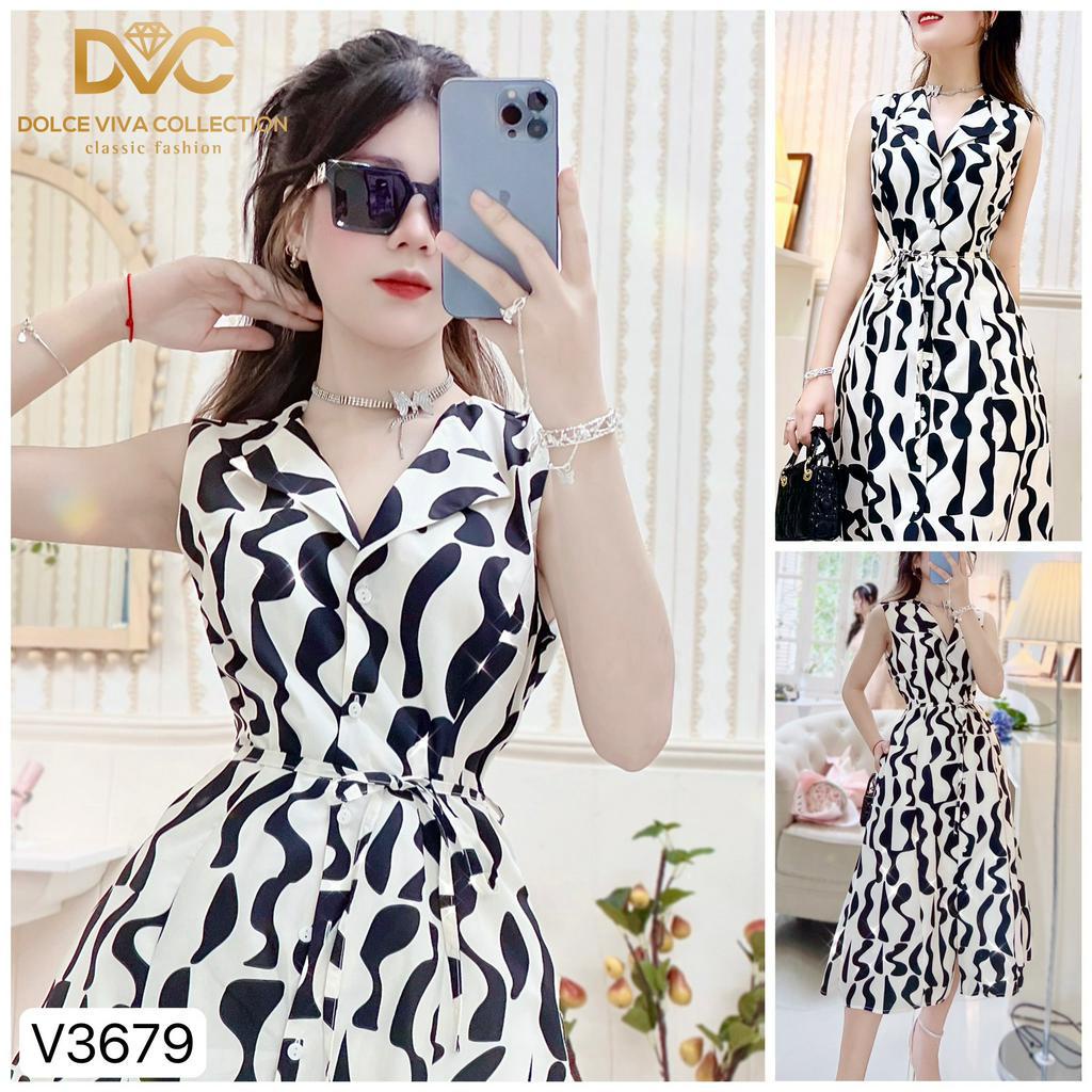 VÁY HỌA TIẾT ĐEN TRẮNG CỔ BẺ KÈM ĐAI THỜI TRANG V3679 - DVC